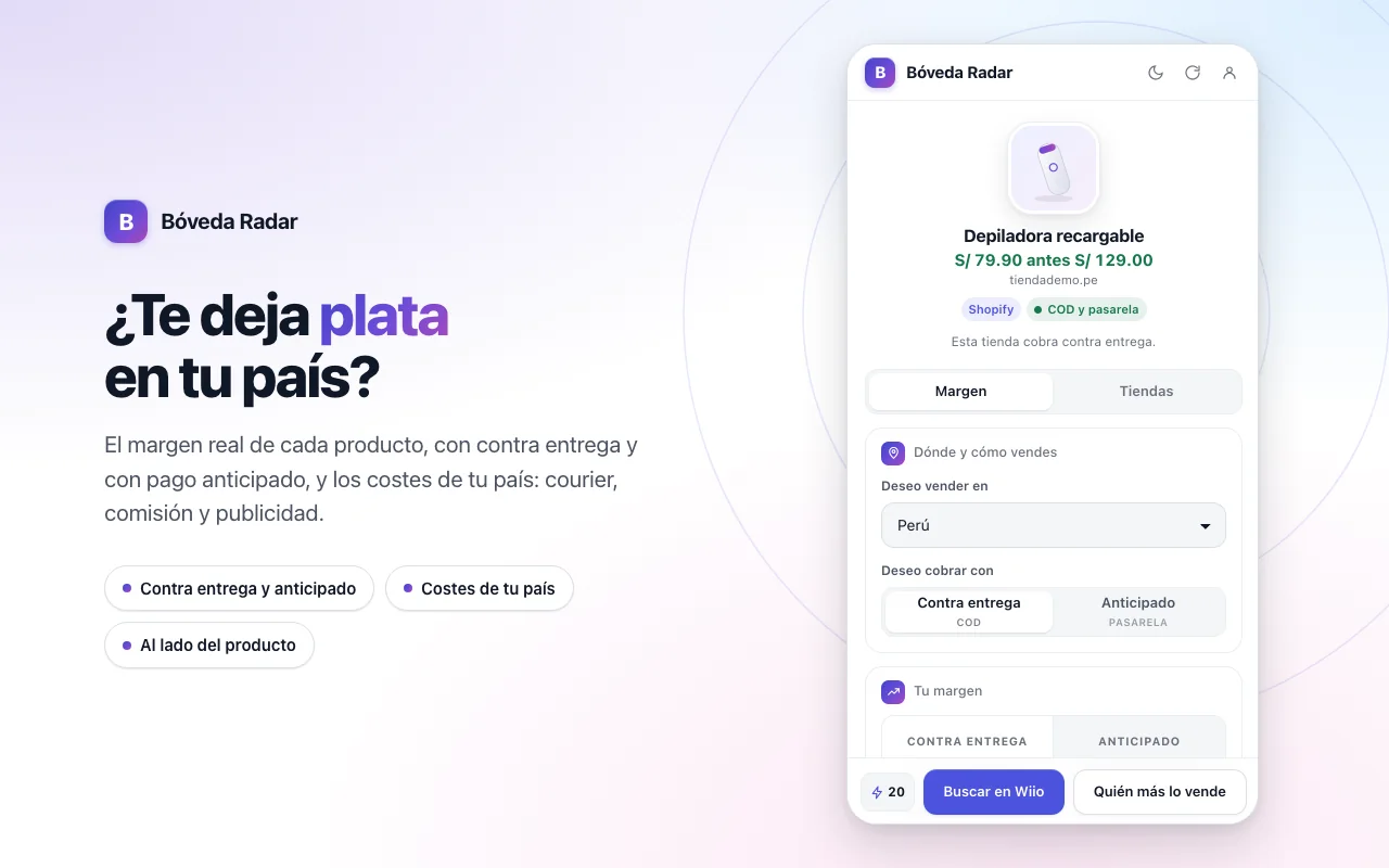El panel de Bóveda Radar junto a una depiladora: precio, forma de cobro de la tienda, país donde vendes y tu margen con contra entrega y con pago anticipado.
